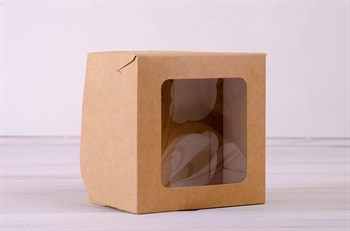 Коробка для капкейков/маффинов на 4 шт, с прозрачным окошком, 16х16х11 см, крафт - фото 7687