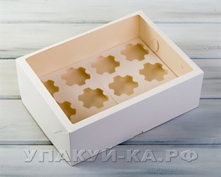 Коробка для капкейков/маффинов на 12 шт, с увеличенным окошком, 33х25х11 см, белая У0101018