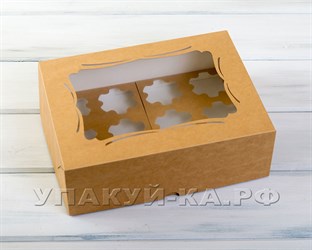 Коробка для капкейков/маффинов на 12 шт, с прозрачным окошком и узором, 33х25х11 см, крафт