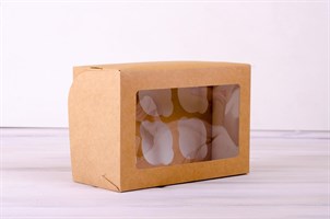 Коробка для капкейков/маффинов на 6 шт, 25х16х11 см, с прозрачным окошком, крафт